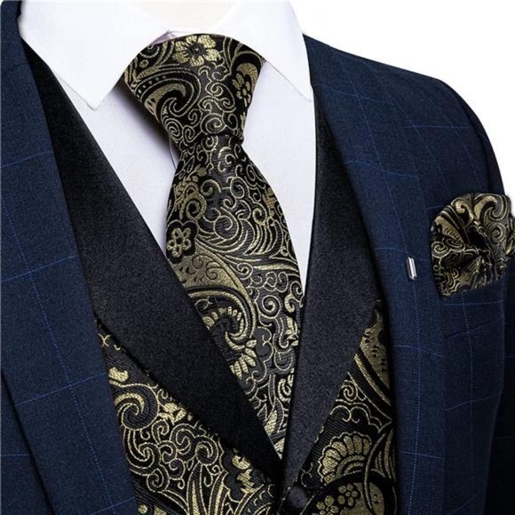 MEN'S Wedding Paisley Suit Vest, Black Gold Paisley - Picture 2 of 6